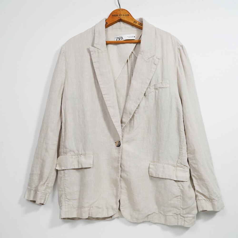 ZARA Women’s 100% Linen Blazer Jacket Size L Beige Relaxed Minimalist